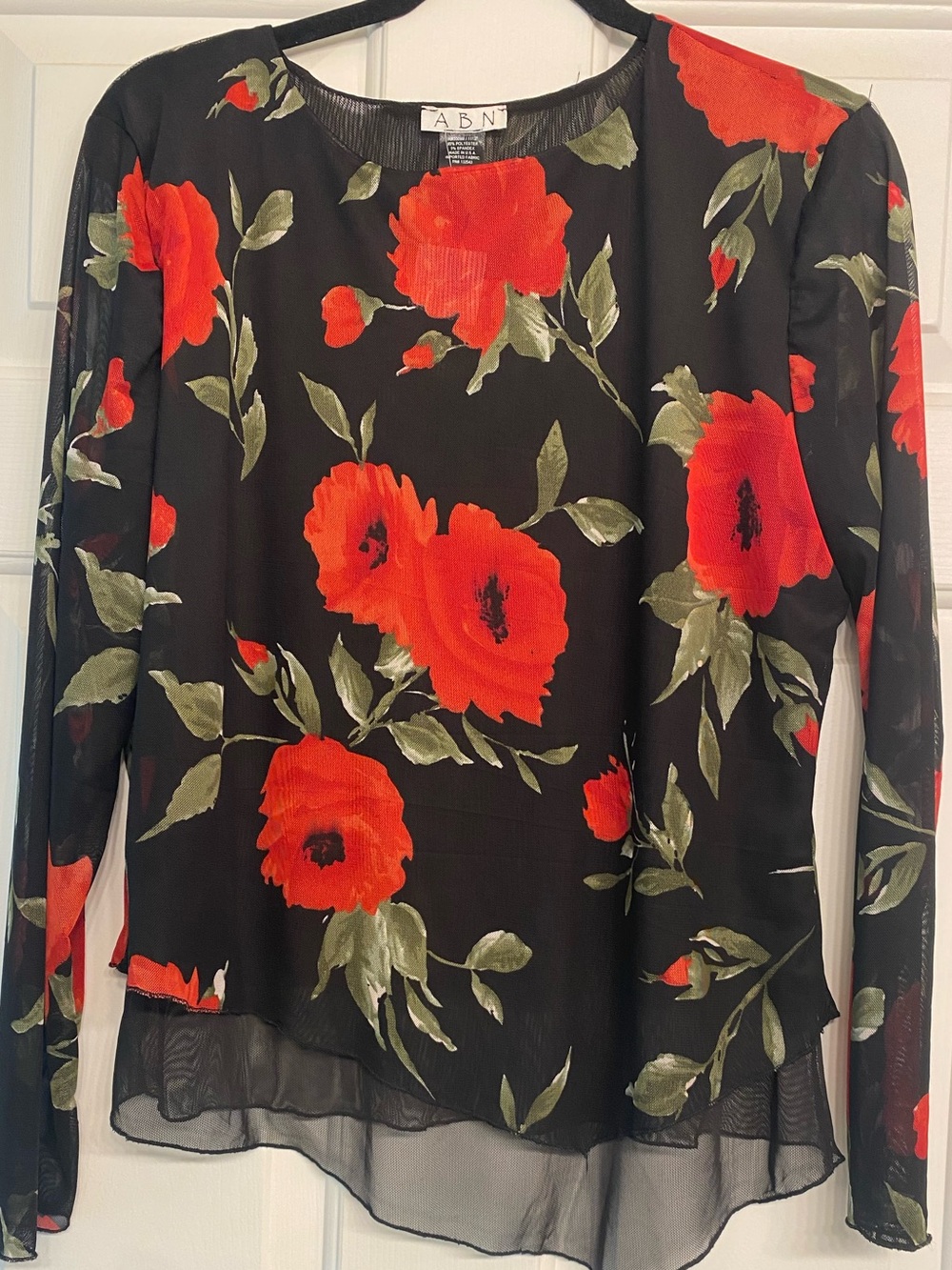 Black Sheer Mesh Blouse with Bold Red Floral Print XL. NWT
